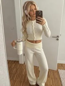 CovetEZ Women's Round Neck Button Long Sleeve Sweater & Solid Color Pants 2pcs Set - White - View 5
