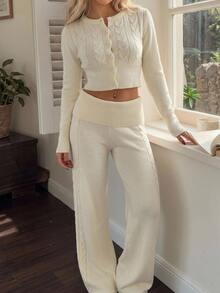 CovetEZ Women's Round Neck Button Long Sleeve Sweater & Solid Color Pants 2pcs Set - White - View 7