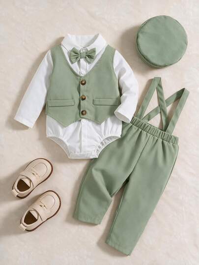 Souflis Souflis 4pcs/Set Baby Boys Gentleman Style Bow Tie Shirt, Suspender, Long Pants, Khaki Color, Autumn/Winter Outfit