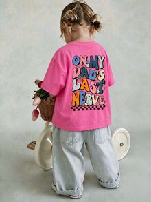 SHEIN 年轻女孩休闲舒适时尚彩色字母图案短袖 T 恤，春夏 - 玫紅色 - 查看 1