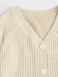 Cloudara Drop Shoulder Ribbed Knit Button Front Cardigan - Beige - View 6