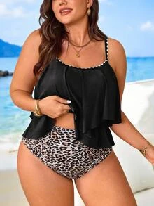SHEIN Swim Curve Plus Size Women 2-Piece Set Black Beige Spaghetti Strap Double Layer Ruffle Hem Top Ruched Ruffle High Waist Pants, Summer Beach Party Vacation Sexy - Multicolor - View 5