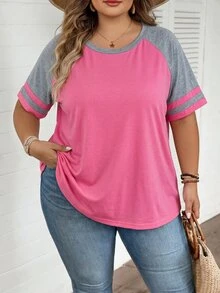 SHEIN CURVE+ 大尺碼女款夏季休閒撞色插肩袖T恤上衣 春季海灘度假波西米亞風 - 彩色 - 查看 4