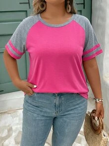 SHEIN CURVE+ 大尺碼女款夏季休閒撞色插肩袖T恤上衣 春季海灘度假波西米亞風 - 彩色 - 查看 2