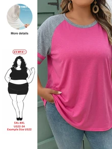 SHEIN CURVE+ 大尺碼女款夏季休閒撞色插肩袖T恤上衣 春季海灘度假波西米亞風 - 彩色 - 查看 1