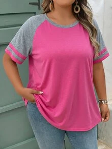 SHEIN CURVE+ 大尺碼女款夏季休閒撞色插肩袖T恤上衣 春季海灘度假波西米亞風 - 彩色 - 查看 3