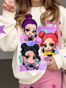 Kids Young Girl Letter Cartoon Print Long Sleeve Autumn Sweatshirt And Sweatpants Casual Daily Set - Multicolor - View 6