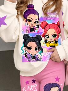 Kids Young Girl Letter Cartoon Print Long Sleeve Autumn Sweatshirt And Sweatpants Casual Daily Set - Multicolor - View 4