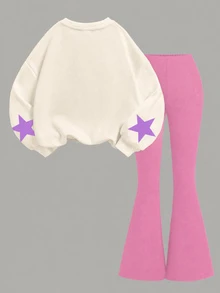 Kids Young Girl Letter Cartoon Print Long Sleeve Autumn Sweatshirt And Sweatpants Casual Daily Set - Multicolor - View 2