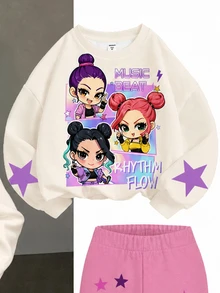 Kids Young Girl Letter Cartoon Print Long Sleeve Autumn Sweatshirt And Sweatpants Casual Daily Set - Multicolor - View 3