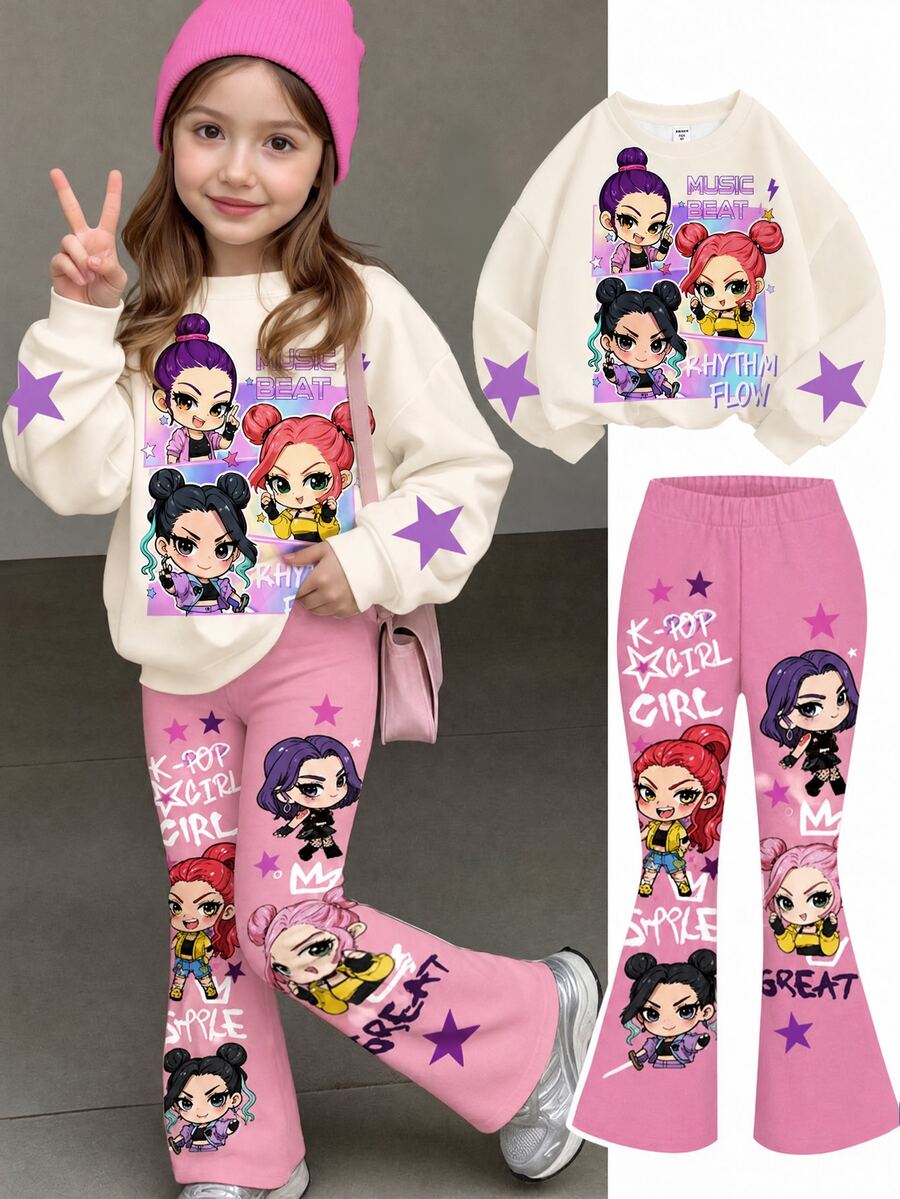 Kids Young Girl Letter Cartoon Print Long Sleeve Autumn Sweatshirt And Sweatpants Casual Daily Set - Multicolor - View 1