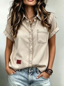 EMERY ROSE Women's Summer Casual Commuting Short Sleeve Patchwork Pocket Shirt - Multicolor - View 1