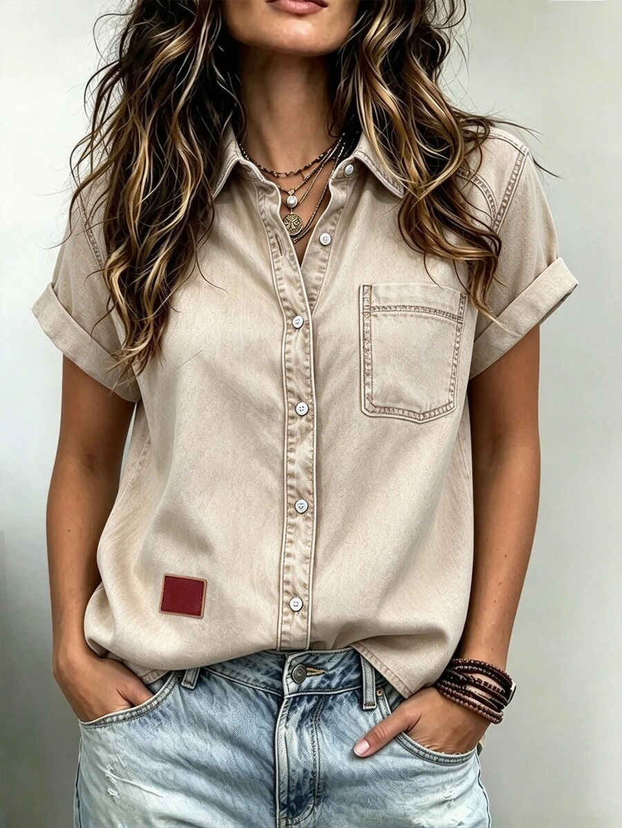 EMERY ROSE Women's Summer Casual Commuting Short Sleeve Patchwork Pocket Shirt - Multicolor - View 1