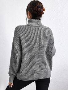 Cloudara Cable Knit Turtle Neck Sweater - Grey - View 3