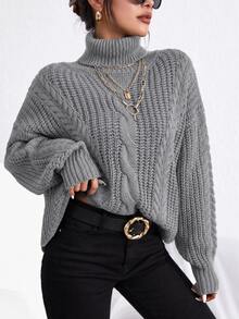 Cloudara Cable Knit Turtle Neck Sweater - Grey - View 4