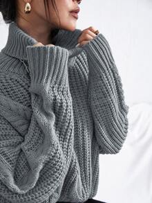 Cloudara Cable Knit Turtle Neck Sweater - Grey - View 6