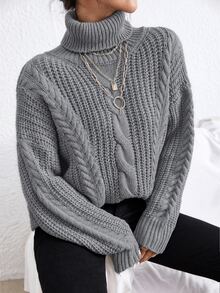 Cloudara Cable Knit Turtle Neck Sweater - Grey - View 7