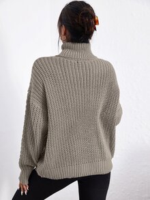 Cloudara Turtleneck Cable Knit Drop Shoulder Sweater - Camel - View 3