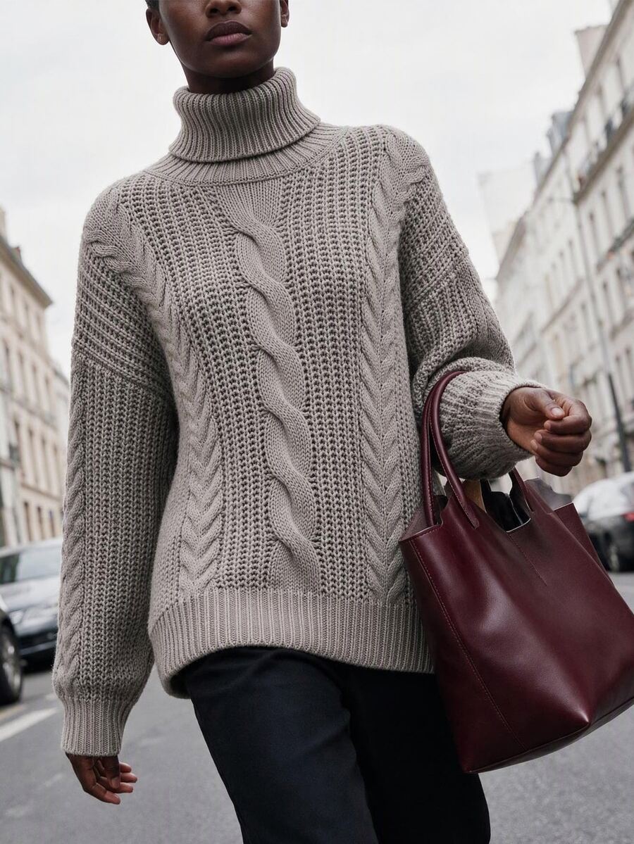 Cloudara Turtleneck Cable Knit Drop Shoulder Sweater