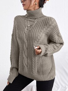 Cloudara Turtleneck Cable Knit Drop Shoulder Sweater - Camel - View 5