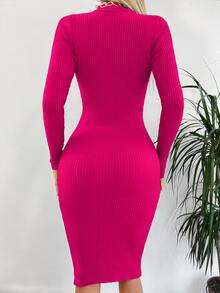Cloudara Mock Neck Ribbed Knit Bodycon Sweater Dress - Hot Pink - View 2