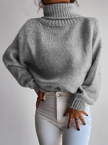 Cloudara Turtleneck Raglan Sleeve Ribbed Knit Sweater - Grey - View 6