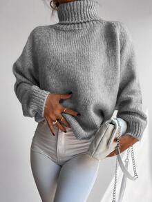 Cloudara Turtleneck Raglan Sleeve Ribbed Knit Sweater - Grey - View 5