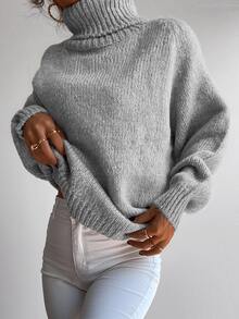Cloudara Turtleneck Raglan Sleeve Ribbed Knit Sweater - Grey - View 8