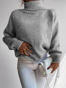 Cloudara Turtleneck Raglan Sleeve Ribbed Knit Sweater - Grey - View 9