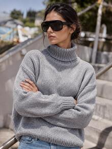 Cloudara Turtleneck Raglan Sleeve Ribbed Knit Sweater - Grey - View 4