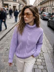 Cloudara Turtle Neck Drop Shoulder Cable Knit Sweater - Mauve Purple - View 3