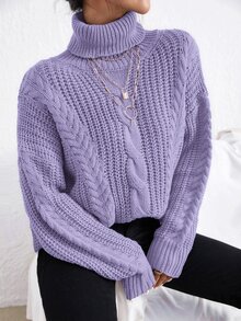 Cloudara Turtle Neck Drop Shoulder Cable Knit Sweater - Mauve Purple - View 5