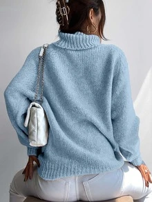 Cloudara Turtleneck Raglan Sleeve Ribbed Knit Sweater - Mint Blue - View 2