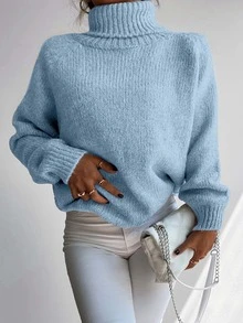 Cloudara Turtleneck Raglan Sleeve Ribbed Knit Sweater - Mint Blue - View 7