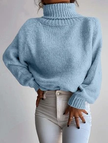 Cloudara Turtleneck Raglan Sleeve Ribbed Knit Sweater - Mint Blue - View 9