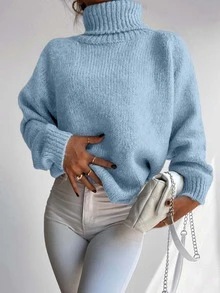 Cloudara Turtleneck Raglan Sleeve Ribbed Knit Sweater - Mint Blue - View 8