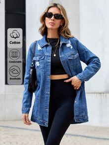 Cloudara 100%Cotton Ripped Flap Pocket Denim Coat - Medium Wash - View 3