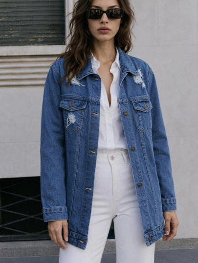 Cloudara 100%Cotton Ripped Flap Pocket Denim Coat