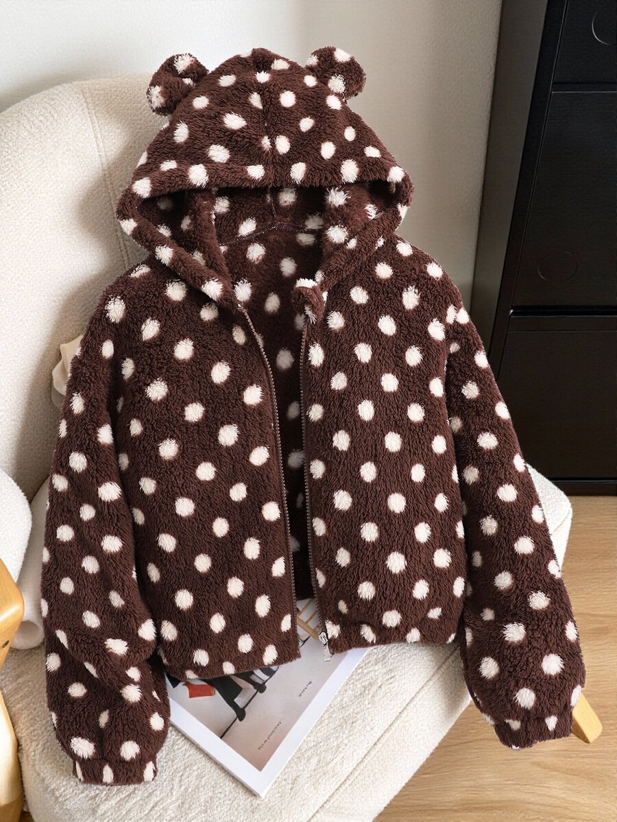 SHEIN 女童軟甜風可愛校園通勤社團穿搭 晚秋初冬加厚棕色波點 3D熊耳拉鍊抓絨外套 - 棕色 - 查看 1