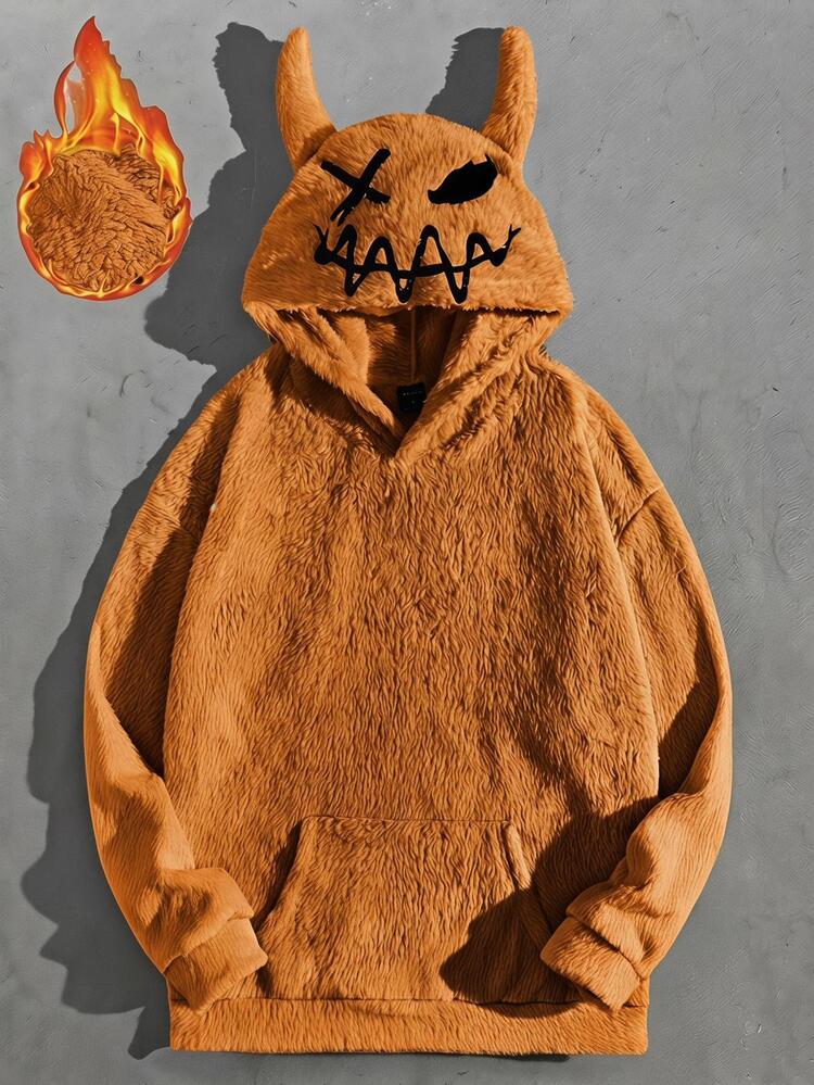 GETOML Men's Oversized Cartoon Embroidered 3D Ears Teddy Hoodie, Long Sleeve Top Halloween Christmas Winter Party Autumn - Orange - View 1