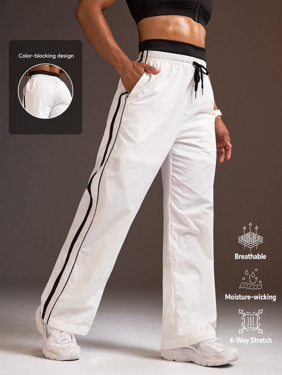 Powerista Women's Black White Contrast Color Double Waistband Woven Loose Fit Long Pants(Suitable For Workout) Gym Fall Comfort Baggy - White - View 1