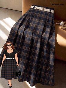 GlowEve CURVE Plus Size Women High-Waisted A-Line Skirt, Elegant For Commuting Fall - Coffee Brown - View 1
