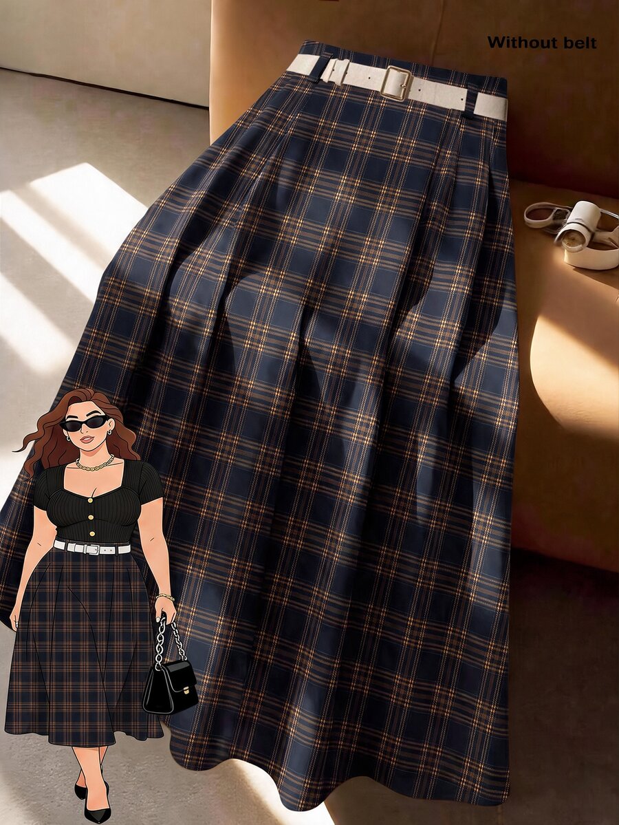GlowEve CURVE Plus Size Women High-Waisted A-Line Skirt, Elegant For Commuting Fall - Coffee Brown - View 1