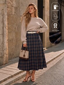 GlowEve CURVE Plus Size Women High-Waisted A-Line Skirt, Elegant For Commuting Fall - Coffee Brown - View 3
