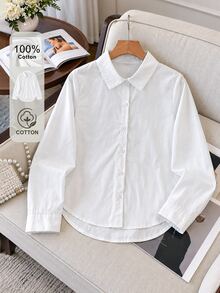 SHEIN قميص كاجوال أبيض أساسي للبنات بأكمام طويلة وأزرار أمامية وياقة، مصنوع من مزيج القطن، مناسب للمدرسة والخروجات والمناسبات الأخرى، خريف/شتاء - أبيض - مشاهدة 4