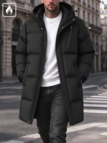 Manfinity Homme Men's Mid-Length Quilted Hooded Padded Coat, Zipper Front Winter Coat, Premium Gift For Boyfriend - Black - View 1
