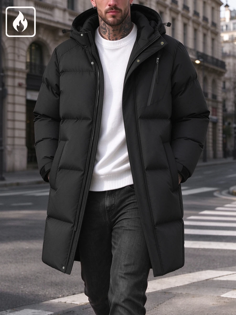 Manfinity Homme Men's Mid-Length Quilted Hooded Padded Coat, Zipper Front Winter Coat, Premium Gift For Boyfriend - Black - View 1