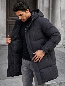 Manfinity Homme Men's Mid-Length Quilted Hooded Padded Coat, Zipper Front Winter Coat, Premium Gift For Boyfriend - Black - View 7