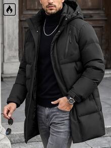 Manfinity Homme Men's Mid-Length Quilted Hooded Padded Coat, Zipper Front Winter Coat, Premium Gift For Boyfriend - Black - View 6