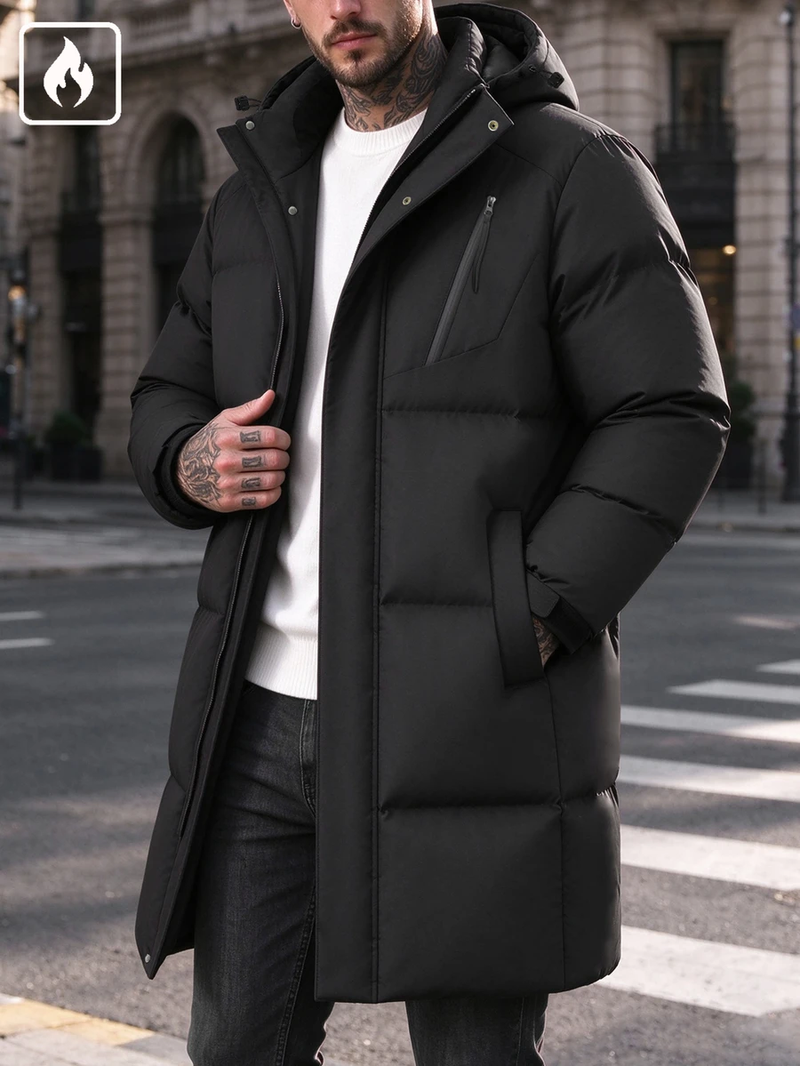 Manfinity Homme Men's Mid-Length Quilted Hooded Padded Coat, Zipper Front Winter Coat, Premium Gift For Boyfriend - Black - View 1